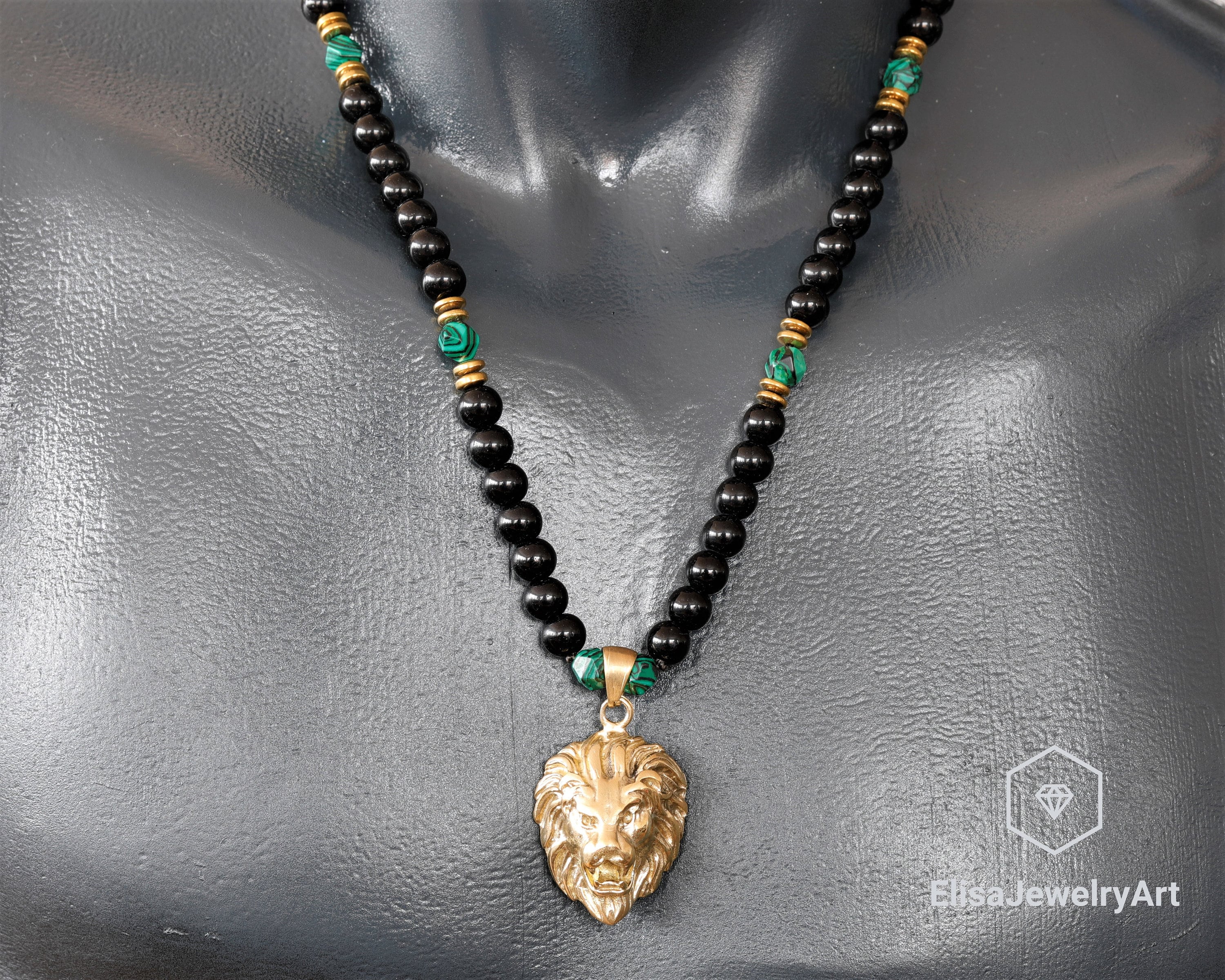 Gold Color Lion Necklace Natural Malachite Black Onyx Beaded