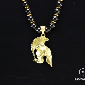 Men&#39;s Spartan Helmet Necklace Natural Black Onyx Protection Gemstone Adjustable Boho Necklace Gift For Him Fathers Gift Best Friend Gift