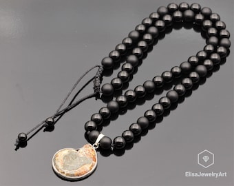 Natural Ammonite Fossil Pendant Necklace Natural Black Onyx Gemstone Healing Beaded Best Friend Gift Necklace For Her Christmas Gift Women's