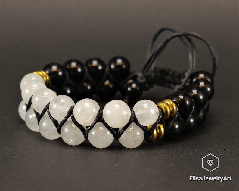 Natural Selenite Black Onyx Beaded Adjustable Bracelet Macrame Protection Yoga Mala Men/'s Bracelet Women/'s Bracelet Crystal Bracelet