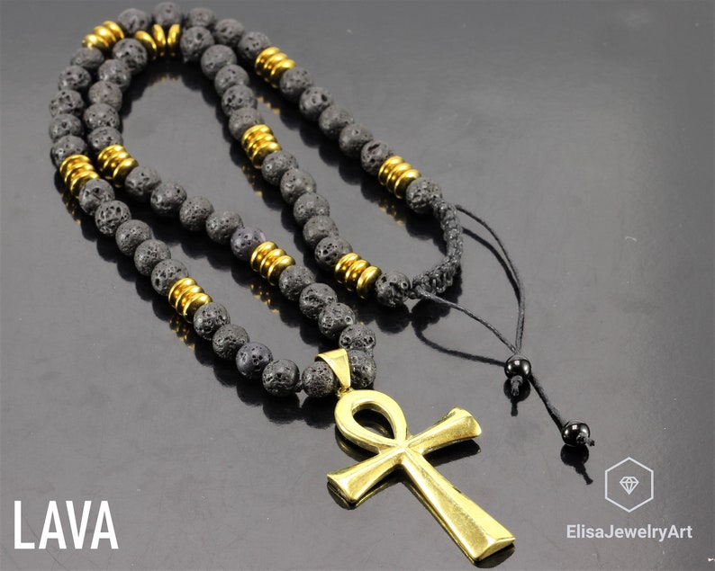 Ankh Cross & Natural Black Onyx Gemstone Protection Beaded Long Macrame Adjustable Necklace Gift For Him Gift For Her Gift For Mom image 9