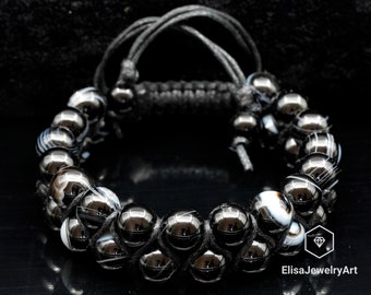 Pulsera de meditación con cuentas de ágata negra natural Pulsera de poder de macramé Yoga Mala Pulsera de hombre negro Pulsera de mujer Pulsera de cristal
