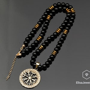 Viking Compass Necklace Natural Black Onyx Hematite Beaded Birthstone Emotional Birthstone Calming Necklace For Him Unisex Christmas Gift