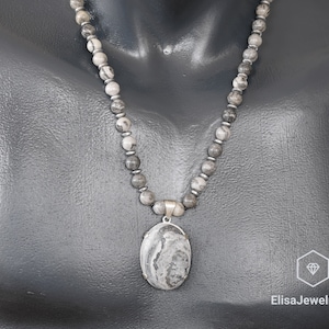 925 Sterling Silver Natural Grey Picasso Jasper Necklace Motivation Crystal Gemstone Strong Clasp Necklace Creativity Necklace