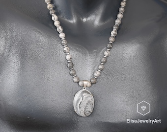 925 Sterling Silver Natural Grey Picasso Jasper Necklace Motivation Crystal Gemstone Strong Clasp Necklace Creativity Necklace