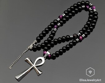 Ankh Cross Necklace Natural Purple Tiger Eye & Black Onyx Beaded Necklace Confidence Crystal Gemstone Strong Clasp Necklace Balance Necklace