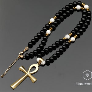 Brass Ankh Cross Necklace Natural Howlite & Black Onyx Beaded Necklace Calming Gemstone Necklace Patience Necklace