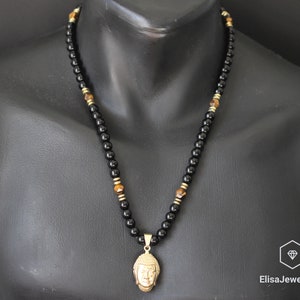 Buddha Necklace Men&#39;s Natural Tiger Eye Black Onyx Beaded Protection Long Adjustable Healing Gemstone Macrame Necklace Gift For Him Unisex
