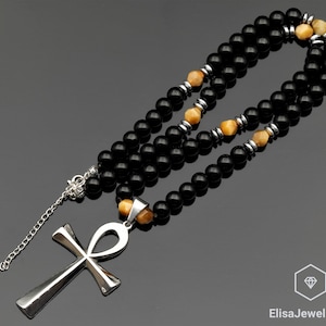 Ankh Cross Necklace Natural Gold Tiger Eye & Black Onyx Beaded Necklace Power Crystal Gemstone Strong Clasp Necklace Fear Necklace
