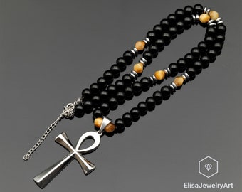 Ankh Cross Necklace Natural Gold Tiger Eye & Black Onyx Beaded Necklace Power Crystal Gemstone Strong Clasp Necklace Fear Necklace