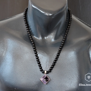 Natural Pyramid Amethyst Pendant Necklace Black Onyx Healing Beaded Emotion Friend Gift Necklace For Her Mother&#39;s Day Gift