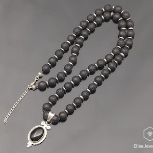 Natural Black Onyx Silver Pendant, Lava Stone Beaded 925 Sterling Silver Necklace, 18x13 Pendant, Unique Silver Jewelry, Genuine Crystal