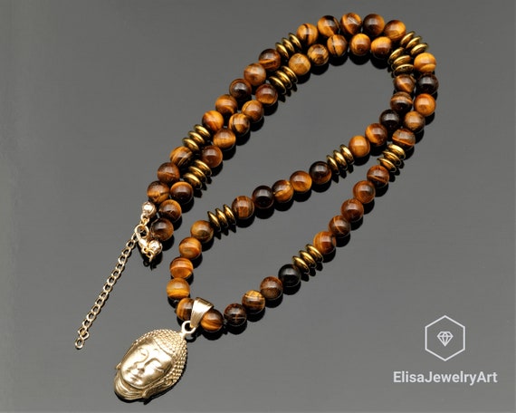 Pendentif Bouddha En Pierre Oeil De Tigre - Petit Collier Entier - Protection - Naturel