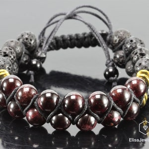 Natural Red Garnet Black Lava Beaded Healing Meditation Yoga Mala Protection Beaded Good Luck Bracelet Balancing Mother's Gift For Her