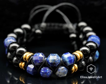 Entschlackungsarmband Natürlicher Lapislazuli & Schwarzer Onyx Perlen Makramee Geburtsstein HerrenArmband Damenarmband Vatertagsgeschenk