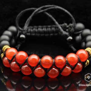 Special Unique Natural Carnelian & Black Onyx Beaded Macrame Protection Emotion Yoga Mala Men's Bracelet Women's Bracelet Crystal Bracelet