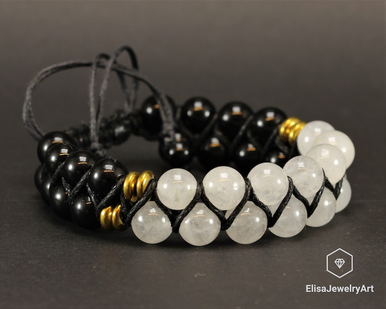 Natural Selenite Black Onyx Beaded Adjustable Bracelet Macrame Protection Yoga Mala Men/'s Bracelet Women/'s Bracelet Crystal Bracelet
