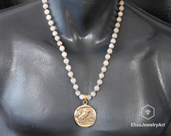 Memory Halskette Eule Münze Anhänger Halskette Anhänger Natürliche Selenit Perlen Limited Edition Boho Halskette Birthstone Weihnachtsgeschenk