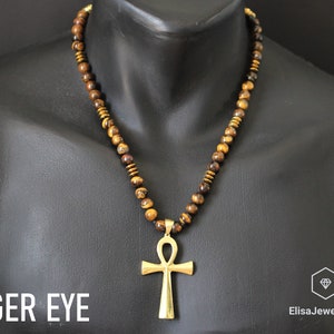 Ankh Cross & Natural Black Onyx Gemstone Protection Perlé Long Macrame Cadeau collier réglable pour lui cadeau pour son cadeau pour maman Tiger Eye
