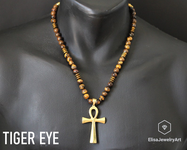 Ankh Cross & Natural Black Onyx Gemstone Protection Perlé Long Macrame Cadeau collier réglable pour lui cadeau pour son cadeau pour maman Tiger Eye