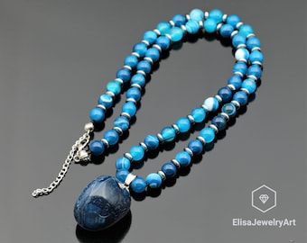 Special Natural Raw Blue Agate Pendant Necklace Striped Blue Agate Genuine Gemstone Crystal Bohamian Necklace Gift Necklace Christmas Gift