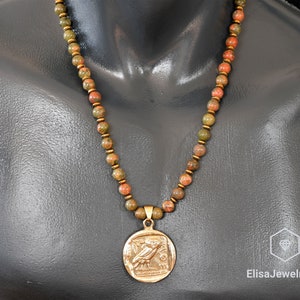 Pregnancy Stone Necklace Owl Coin Pendant Natural Unakite Beaded Cross Balance Emotion Birthstone Women&#39;s Men&#39;s Necklace Christmas Gift