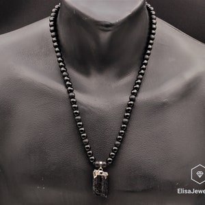 Raw Tourmaline Pendant Natural Black Onyx Gemstone Protection Stone Necklace Black Men's Necklace Gift For Him Unisex Necklace image 2
