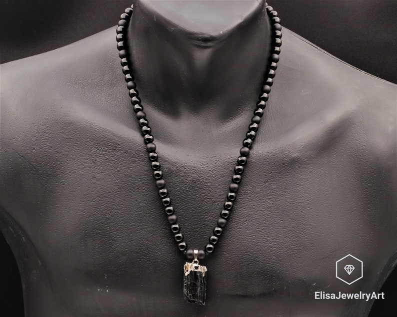 Raw Tourmaline Pendant Natural Black Onyx Gemstone Protection Stone Necklace Black Men's Necklace Gift For Him Unisex Necklace image 2