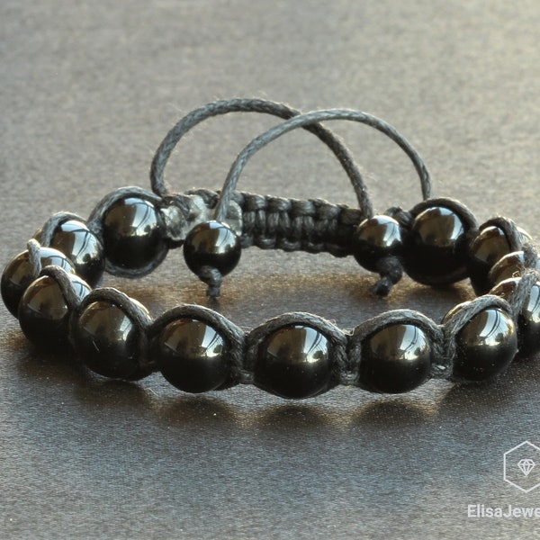 Natural Black Onyx Beads Bracelet Macrame Adjustable Bracelet Healing Gemstone Crystal Macrame Bracelets Healing Energy Yoga Gift for Him