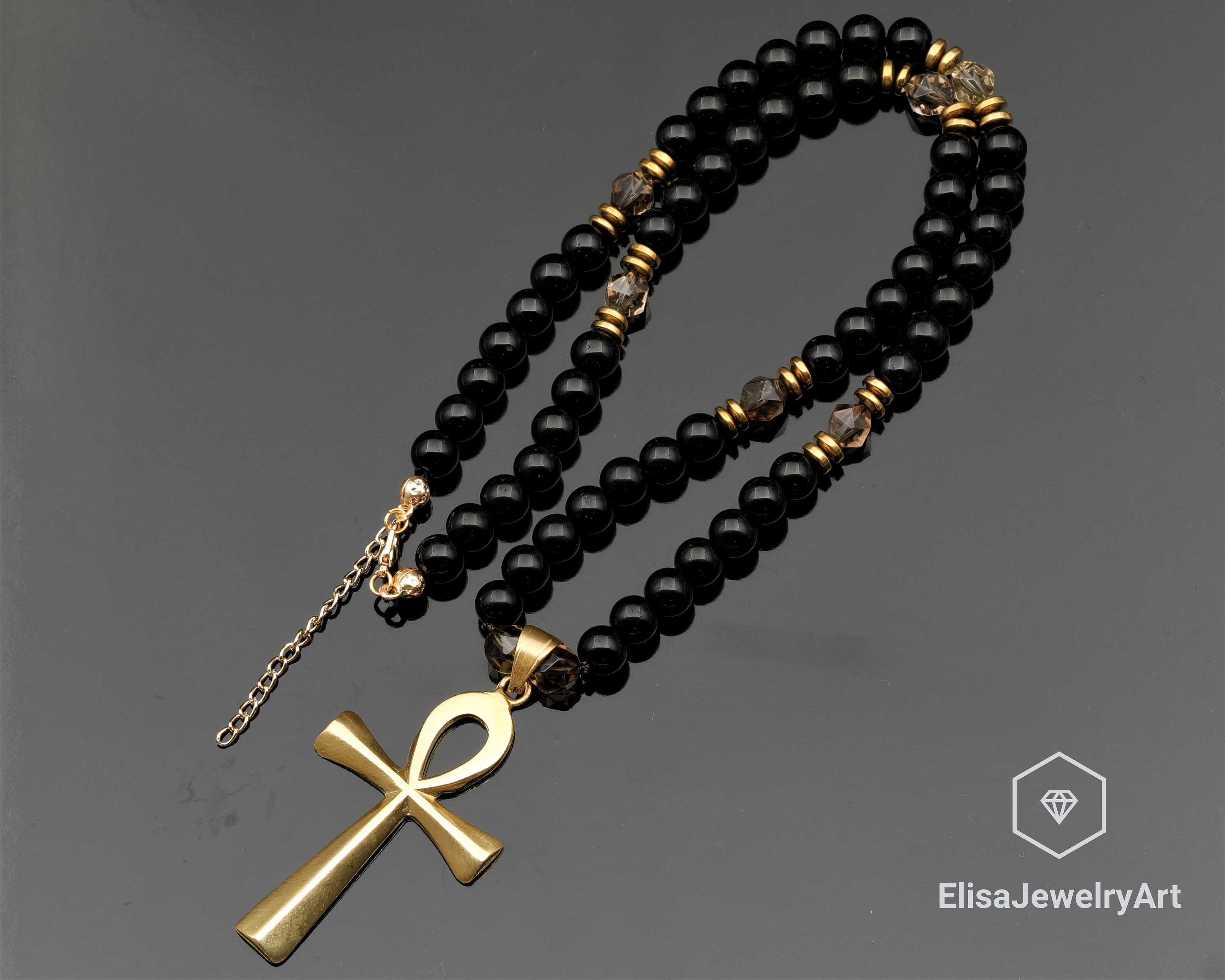 Ankh Cross Necklace Natural Smoky Quartz Black Onyx Beaded