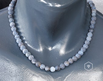 Natural Matte Crackled Blue Agate Necklace Relaxation Crystal Gemstone Strong Clasp Necklace Patience Necklace Christmas Gift
