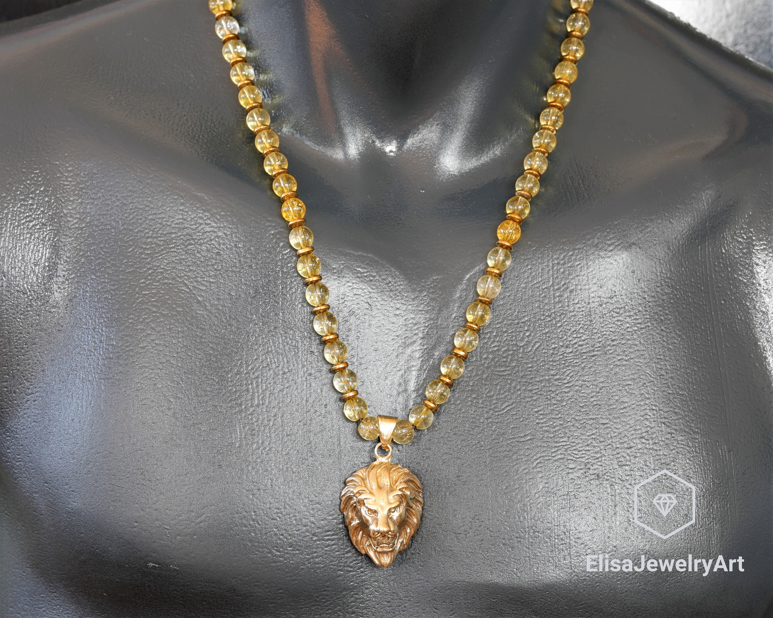 Lion Pendant Natural Citrine Beaded Bohemian Necklace Birthstone Christmas Gift Unisex Valentine's Day Gift Men's Women's Necklace