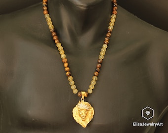 Men&#39;s Lion with Natural Citrine Beads Necklace Tiger Eye Bead Necklace Macrame Beaded Necklace Gift For Him Gift For Her Protection Necklace