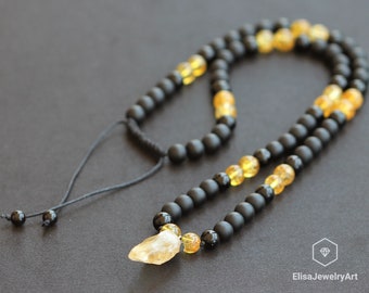 Raw Citrine Pendant Citrine, Black Onyx Beaded Necklace Long Necklace Adjustabla Macrame Necklace For Man Gift For Him Anniversary Gifts