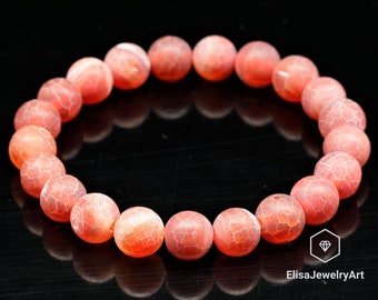 Natural Matte Crackle Orange Agate Beaded Bracelet Stretchy Balance Gemstone Bracelet Strong Energy Crystal Bracelet Courage Bracelet
