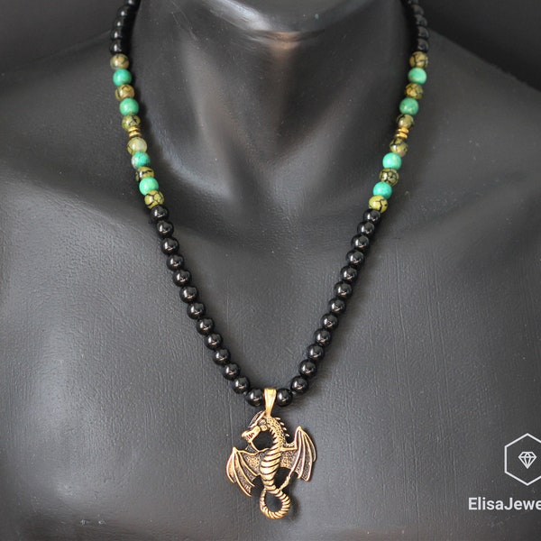 Collier Dragon Homme Naturel Noir Onyx Dragon Vein Agate Turquoise Gemstone Protection Perles Réglable Macrame Collier Cadeau de Noël