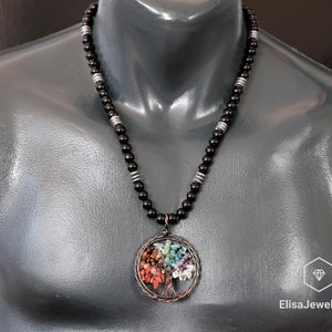 Chakra Necklace Natural Big Tree Of Life 7 Chakra Pendant Black Onyx Hematite Beaded Birthstone Rainbow Necklace Colorful Necklace Christmas