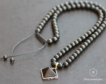 Black Onyx Crystal Beaded Necklace Protection Long Macrame Short Necklace Black Gemstone Beaded Necklace Gift For Him Unisex Women's Black