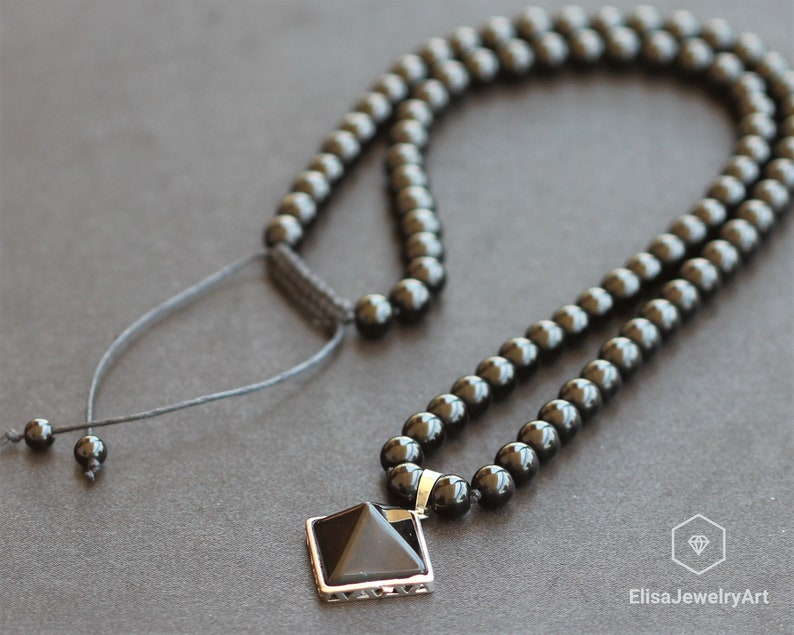 Black Onyx Crystal Beaded Necklace Protection Long Macrame Short Necklace Black Gemstone Beaded Necklace Gift For Him Unisex Women/'s Black