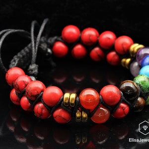 Emotion Red Turquoise Healing 7 Chakra Beads Double Bracelet Adjustable Healing Crystal Macrame Bracelets Energy Gift for Him Gift For Mom