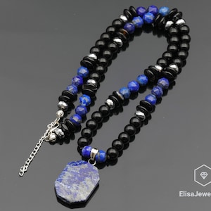 Natural Lapis Lazuli Pendant Natural Lapis Lazuli Black Onyx Agate Spacers Necklace Gemstone Protection Honor Necklace Christmas Gift
