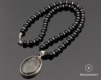 Colar com pingente de pedra sanguínea natural em prata esterlina 925, colar com contas de ônix pretas naturais, fecho, presente de Natal para mulheres