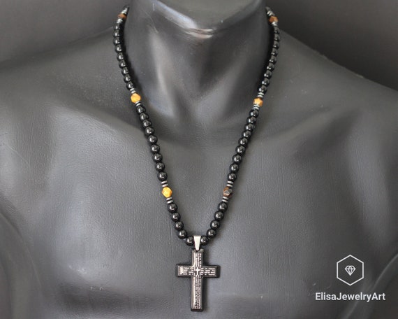 Black Bead Necklace with Silver Toned Cross and Small Silver Beads Nec –  Pathway Market