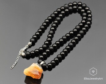 Unique Natural Citrine Pendant Necklace Black Onyx Genuine Crystal Beaded Bohemian Necklace Mother's Day Gift Clearing Necklace