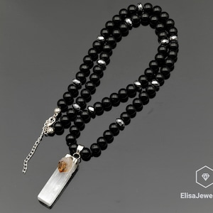 Raw Selenite With Citrine Pendant Natural Black Onyx Gemstone Protection Stone Necklace Black Men&#39;s Necklace Gift For Him Unisex Necklace
