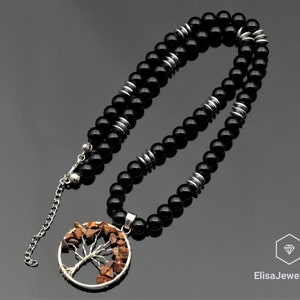 Protection Calming Necklace Tree Of Life Tiger Eye Pendant Black Onyx Hematite Beaded Birthstone Necklace For Him Unisex Christmas Gift