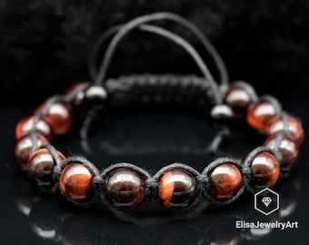 Natural Red Tiger Eye Beads Bracelet Macrame Adjustable Bracelet Healing Gemstone Crystal Macrame Bracelets Healing Energy Yoga Gift for Him