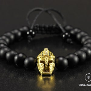 Men&#39;s Viking Spartan Helmet Beaded Bracelet Natural Black Onyx Protection Adjustable Shamballa Macrame Bracelet Gift For Him Christmas Gift