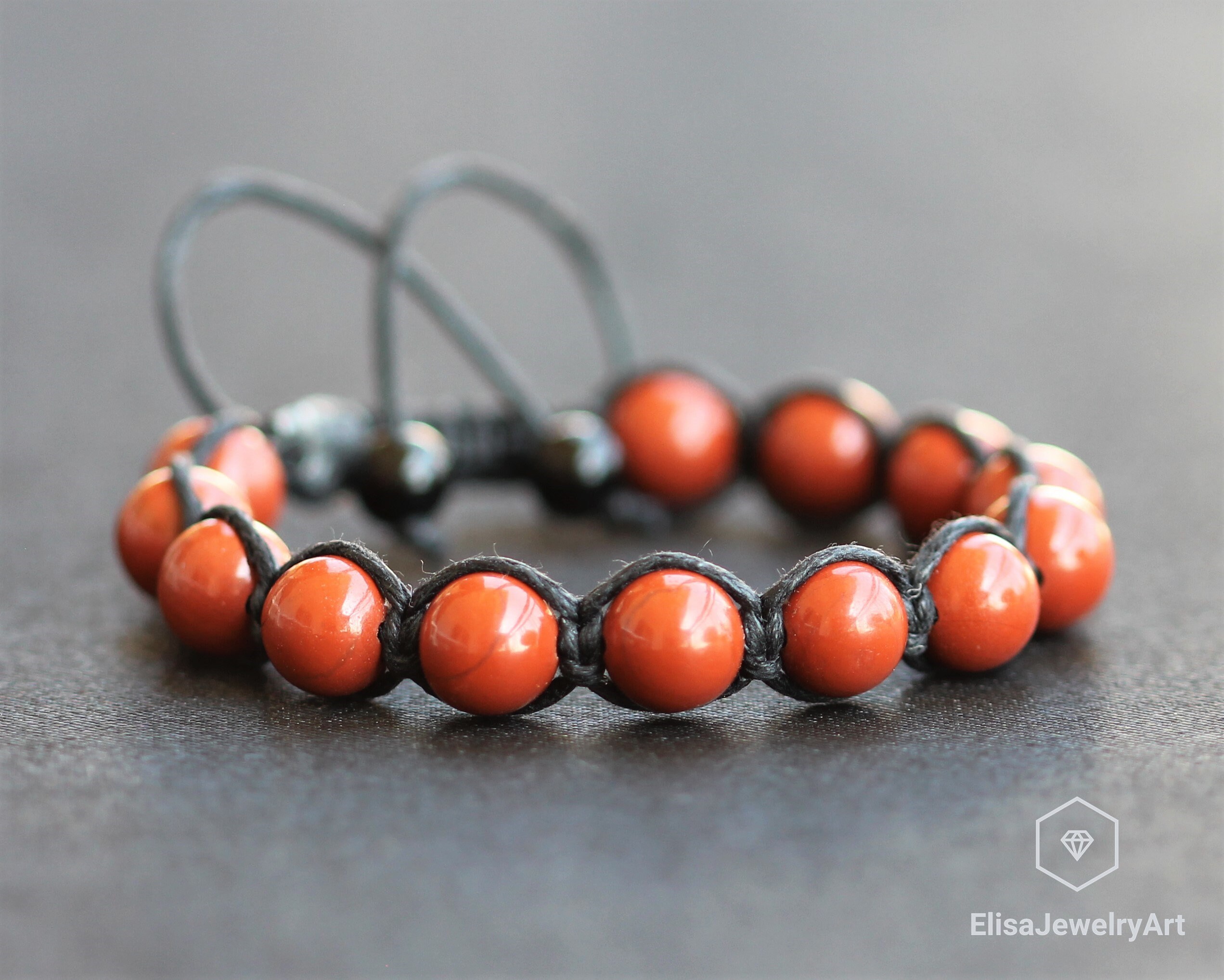 Bracciale Regolabile In Diaspro Rosso Naturale | Nappe Macramè, Perline 12 Mm, Chakra Reiki, Unisex, Dall'India