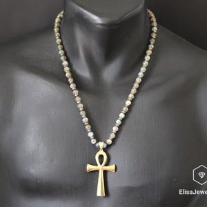 Hohe Qualität Labradorit Edelstein Gold Farbe Ankh Cross Schutz Balance Halskette Muttertag Geschenk Geschenk für Frau Geschenk für Sie
